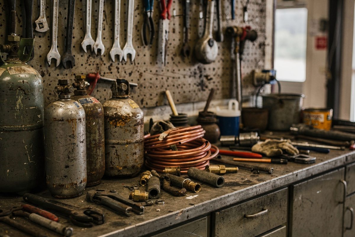 Workshop bench with refrigerant tanks, copper tubing and tools on a pegboard